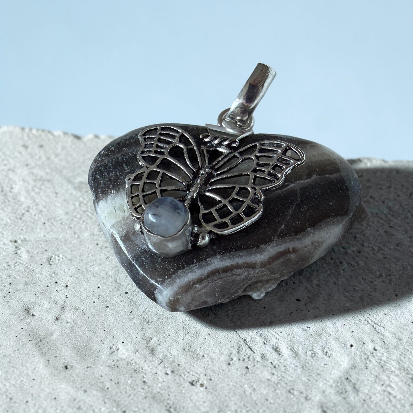 Zebra Calcite & Moonstone Butterfly Heart Pendant 925 Overlay