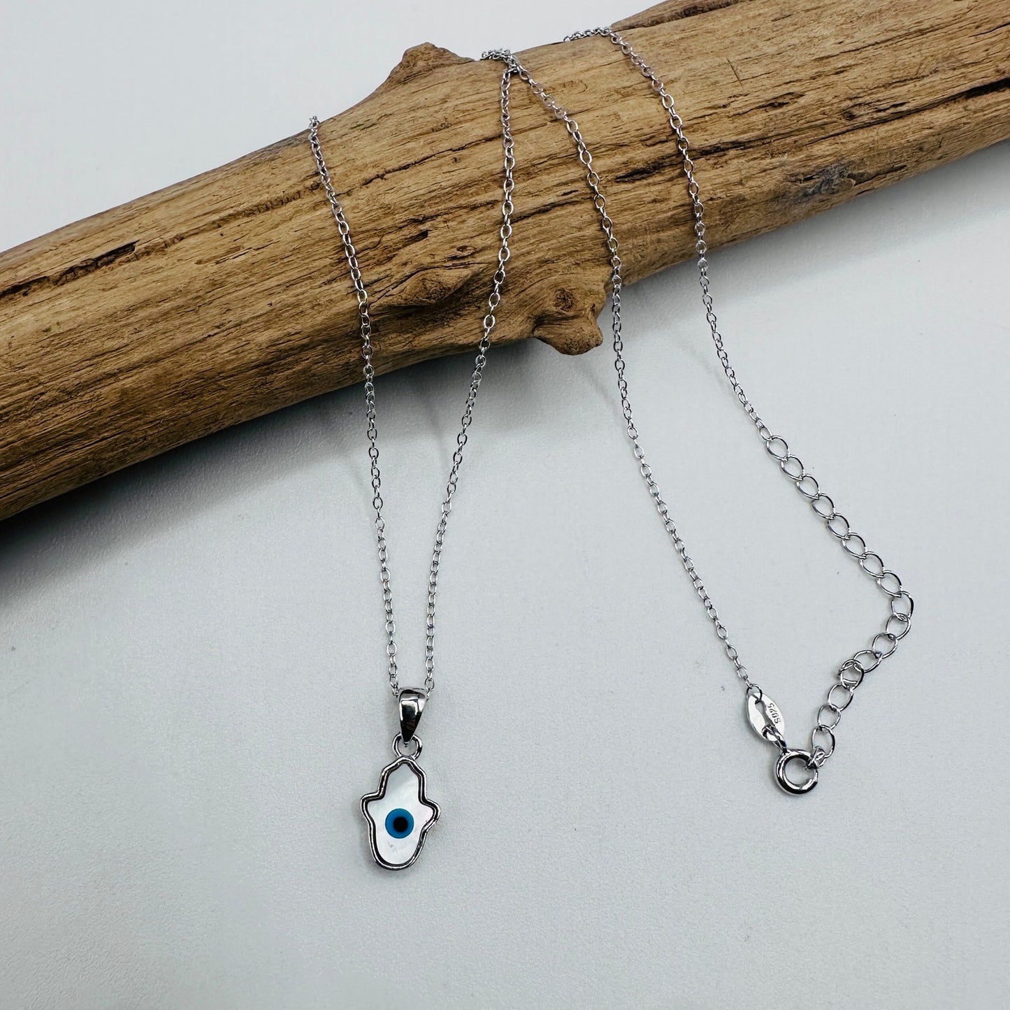 Hamsa Mother of Pearl Sterling Silver Necklace-Evil Eye Necklace