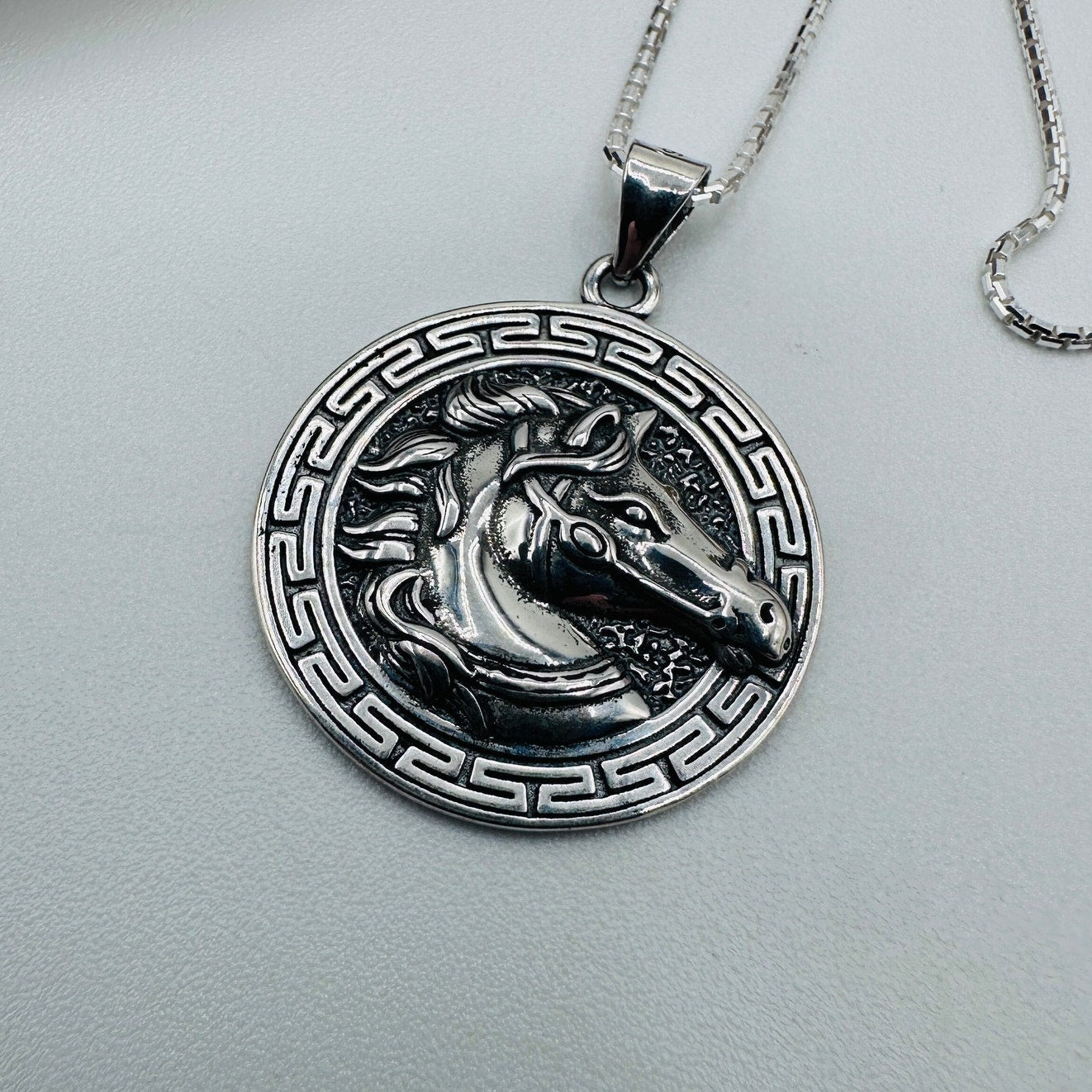 Sterling Silver Horse Medallion Necklace-925 Rounded Box Chain