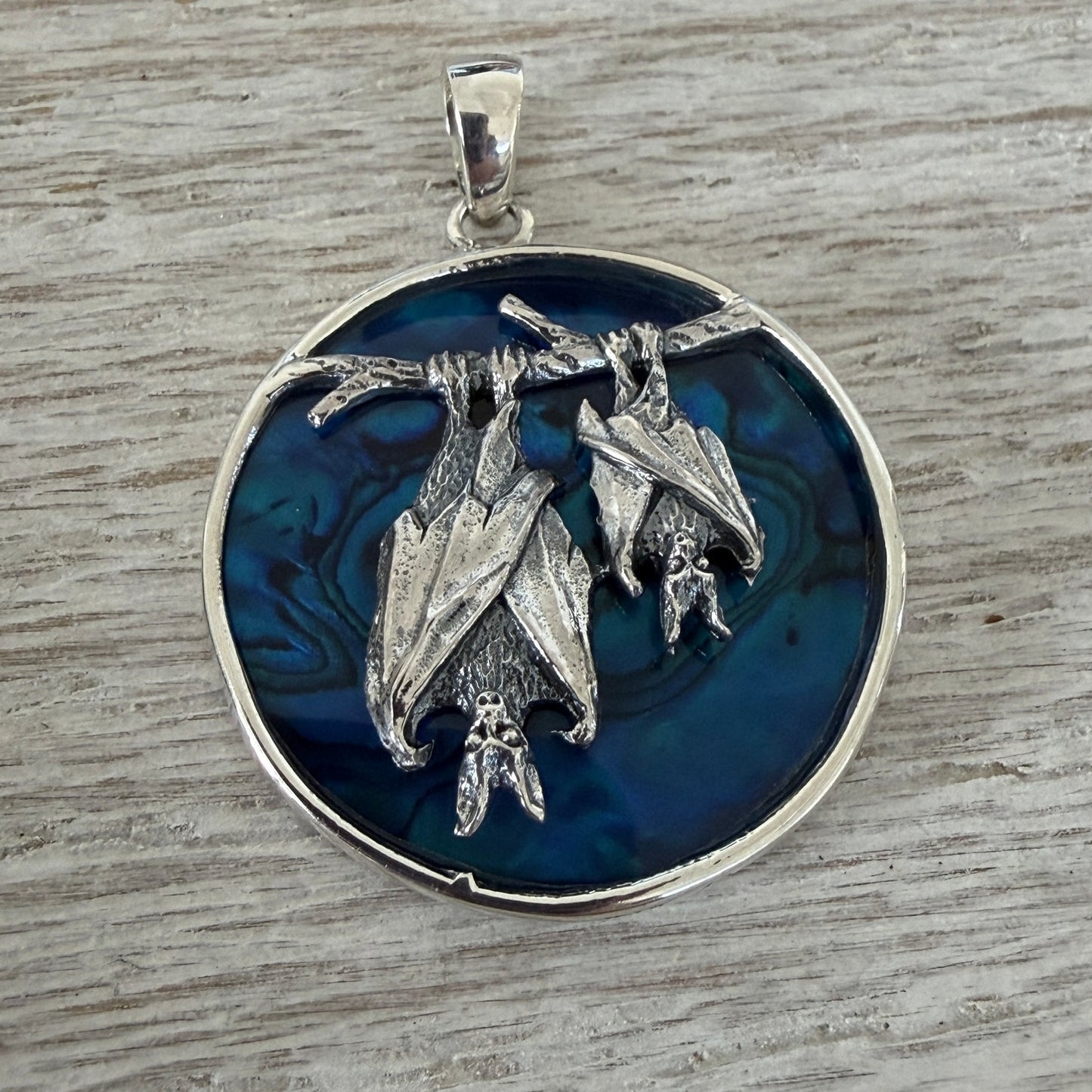 Sterling Silver Two Bats Medallion Pendant-Blue Abalone Shell