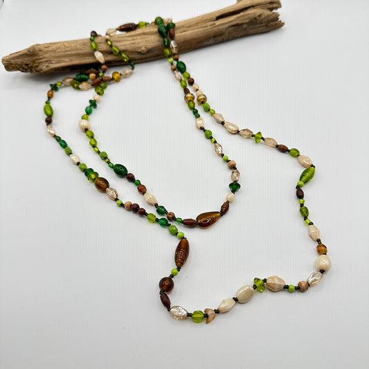 70s Vintage Multi Colored Glass & Wood Bead 60 inch Necklace