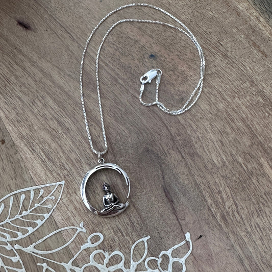 Sterling Silver Buddha Necklace, Circle Pendant, Yoga Necklace