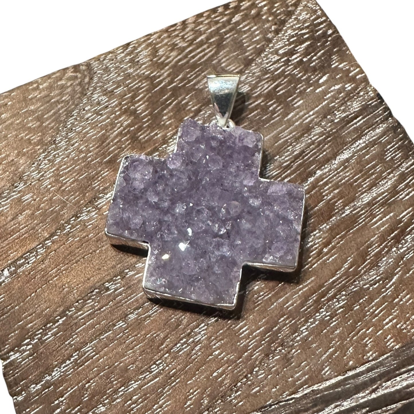 925 Sterling Silver Amethyst Druzy Cross Pendant