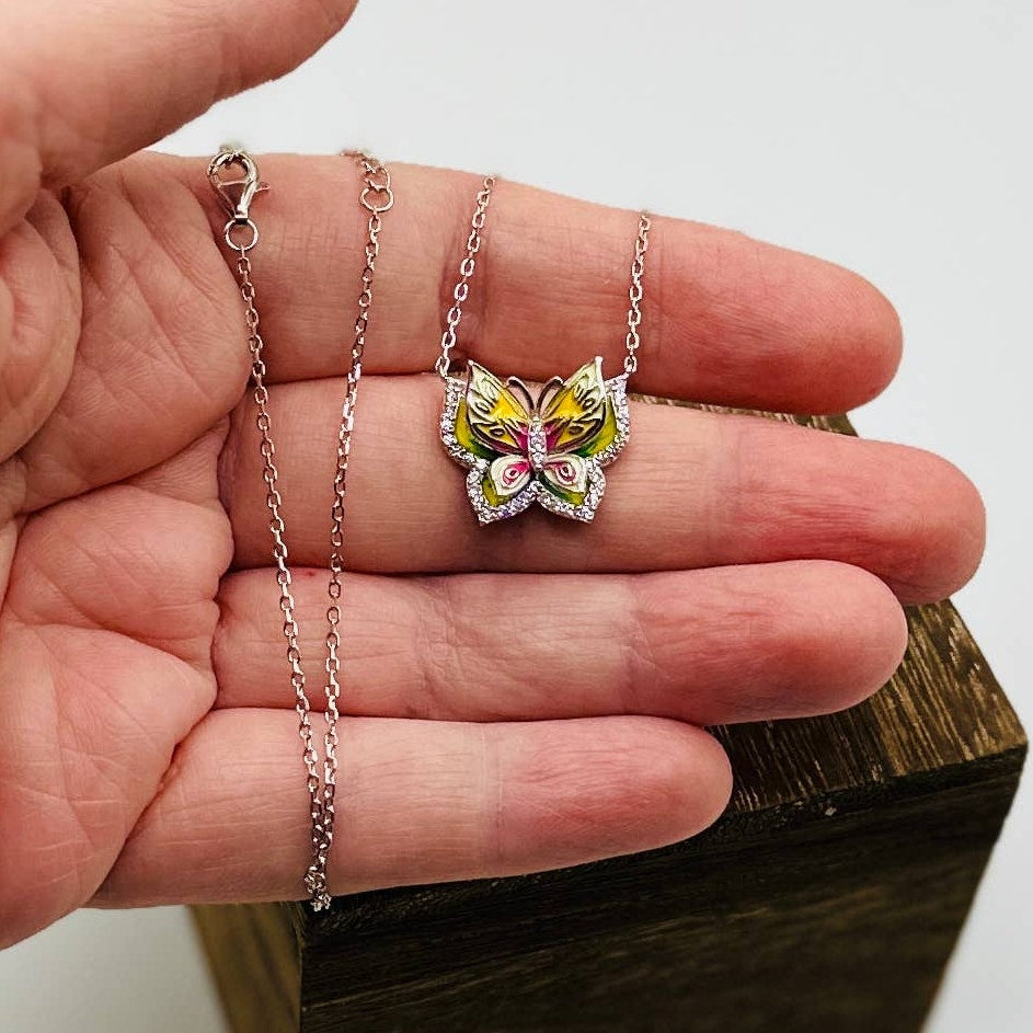 Butterfly CZ Enamel Sterling Silver Necklace