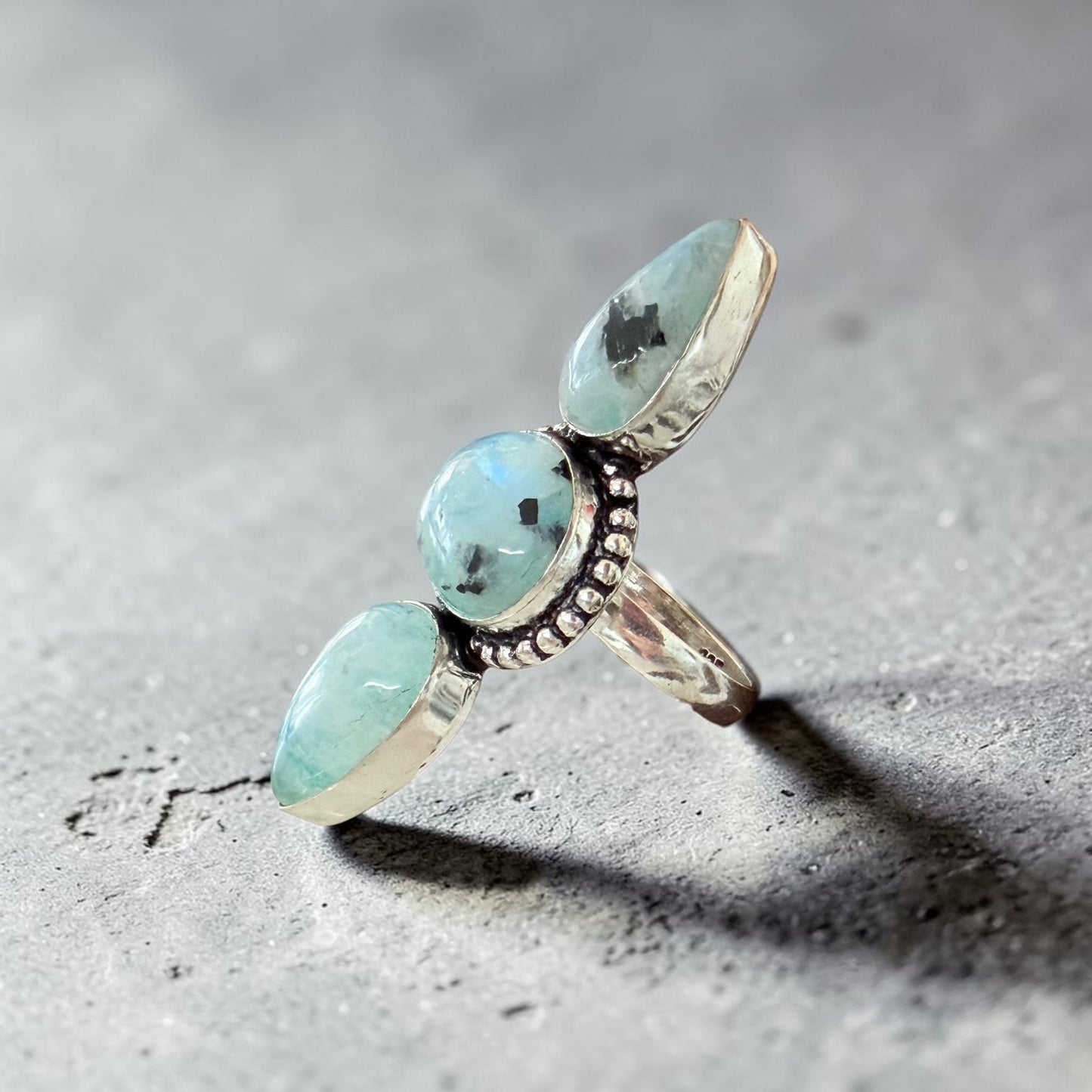Rainbow Moonstone 3 Stone Statement Ring 925 Silver Overlay