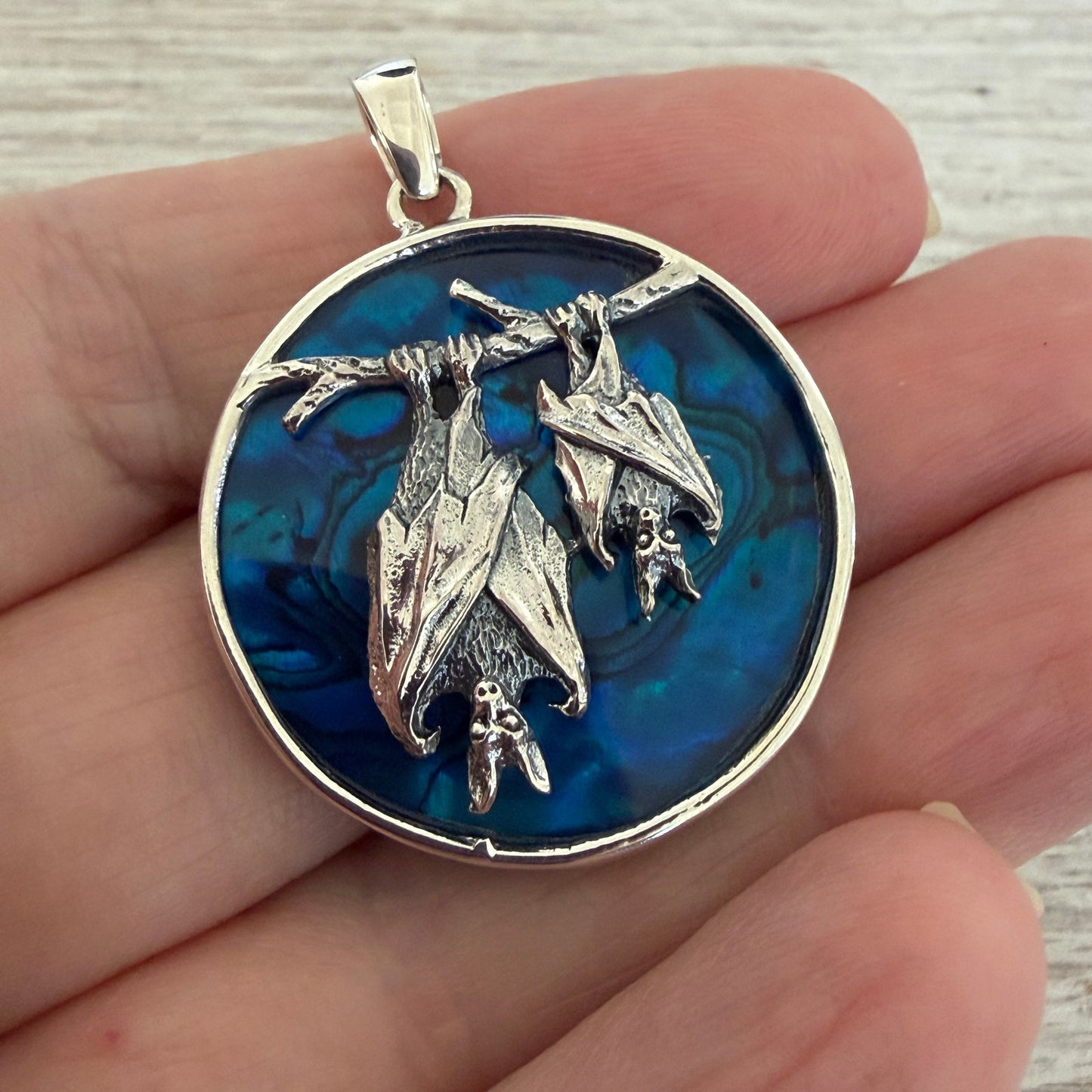 Sterling Silver Two Bats Medallion Pendant-Blue Abalone Shell
