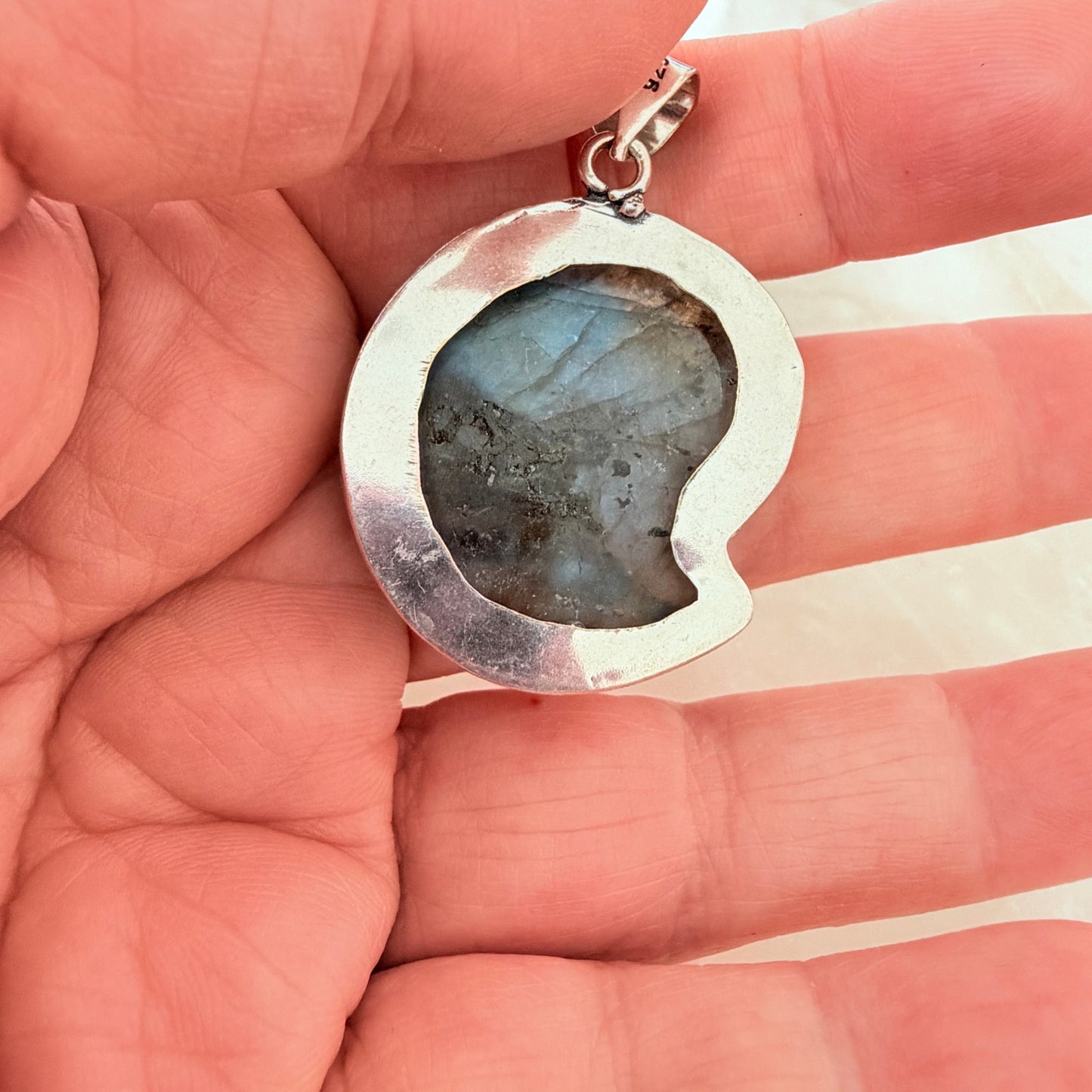 Carved Labradorite Ammonite Pendant 925 Silver Plated