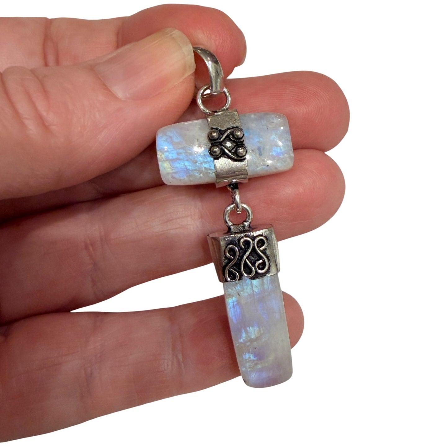 Long Drop Rainbow Moonstone 925 Silver Plated Pendant 2.5"