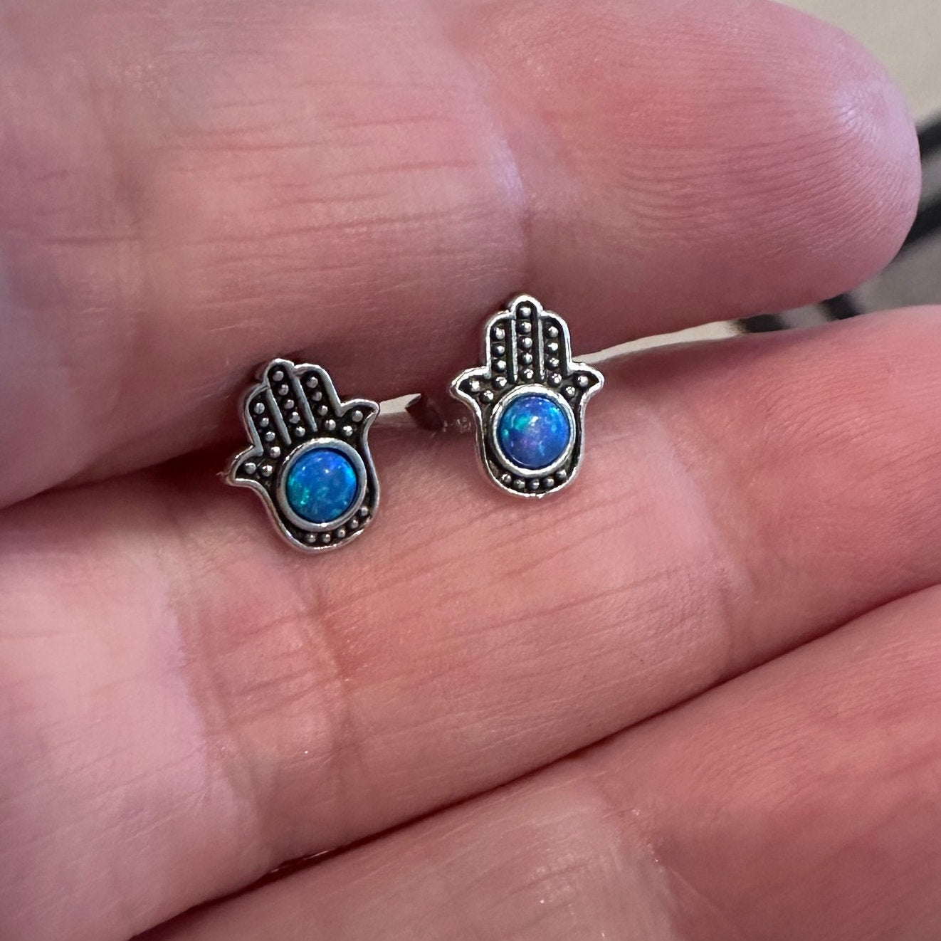 Blue Lab Opal Sterling Silver Hamsa Earrings