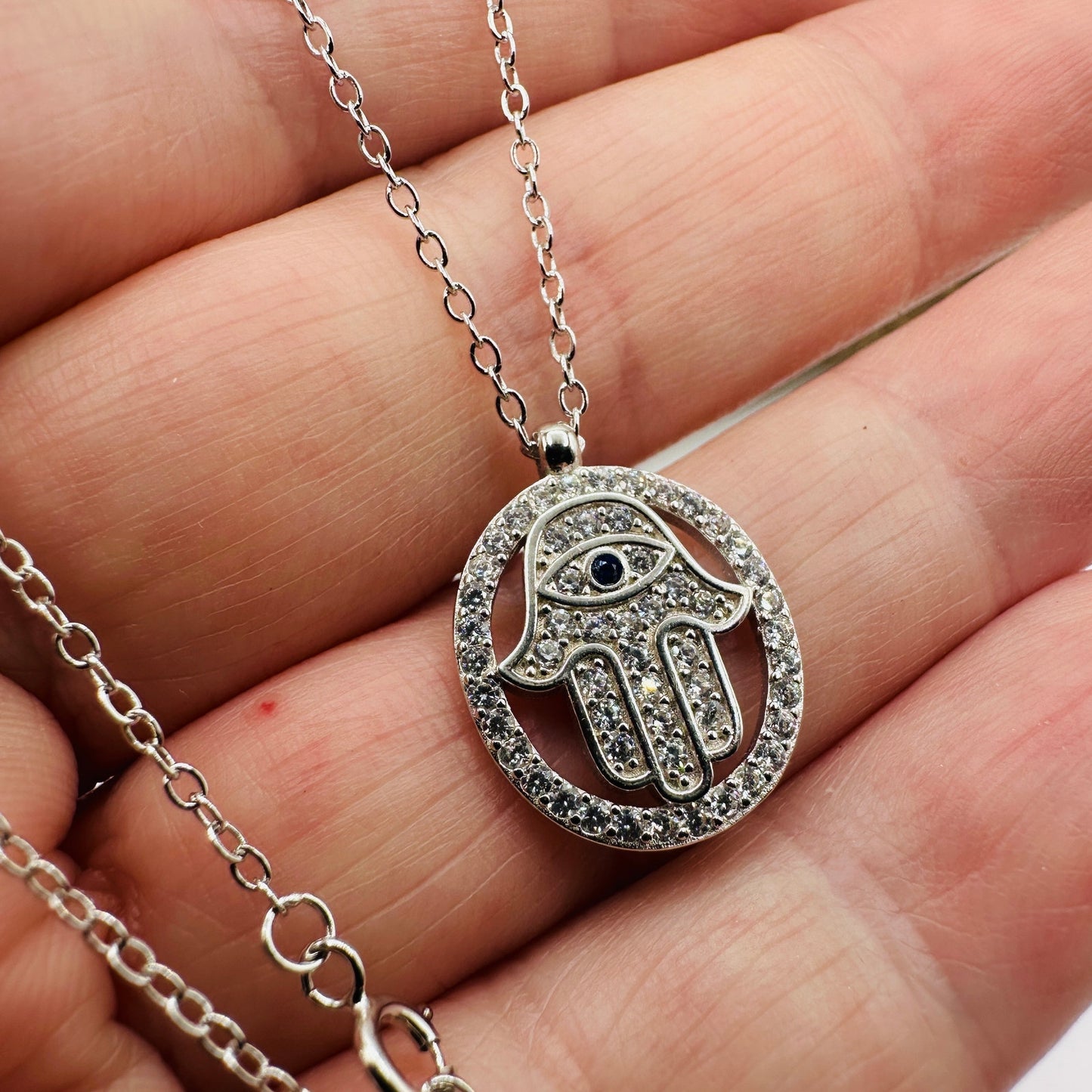 Hamsa Sterling Silver CZ Necklace-Protection Jewelry
