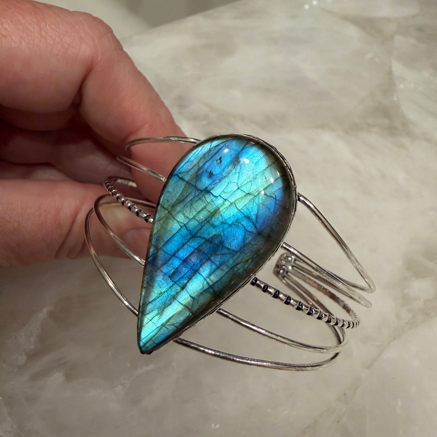 Large Labradorite Cuff Bracelet Silver Plated Blue Flash Adjustable