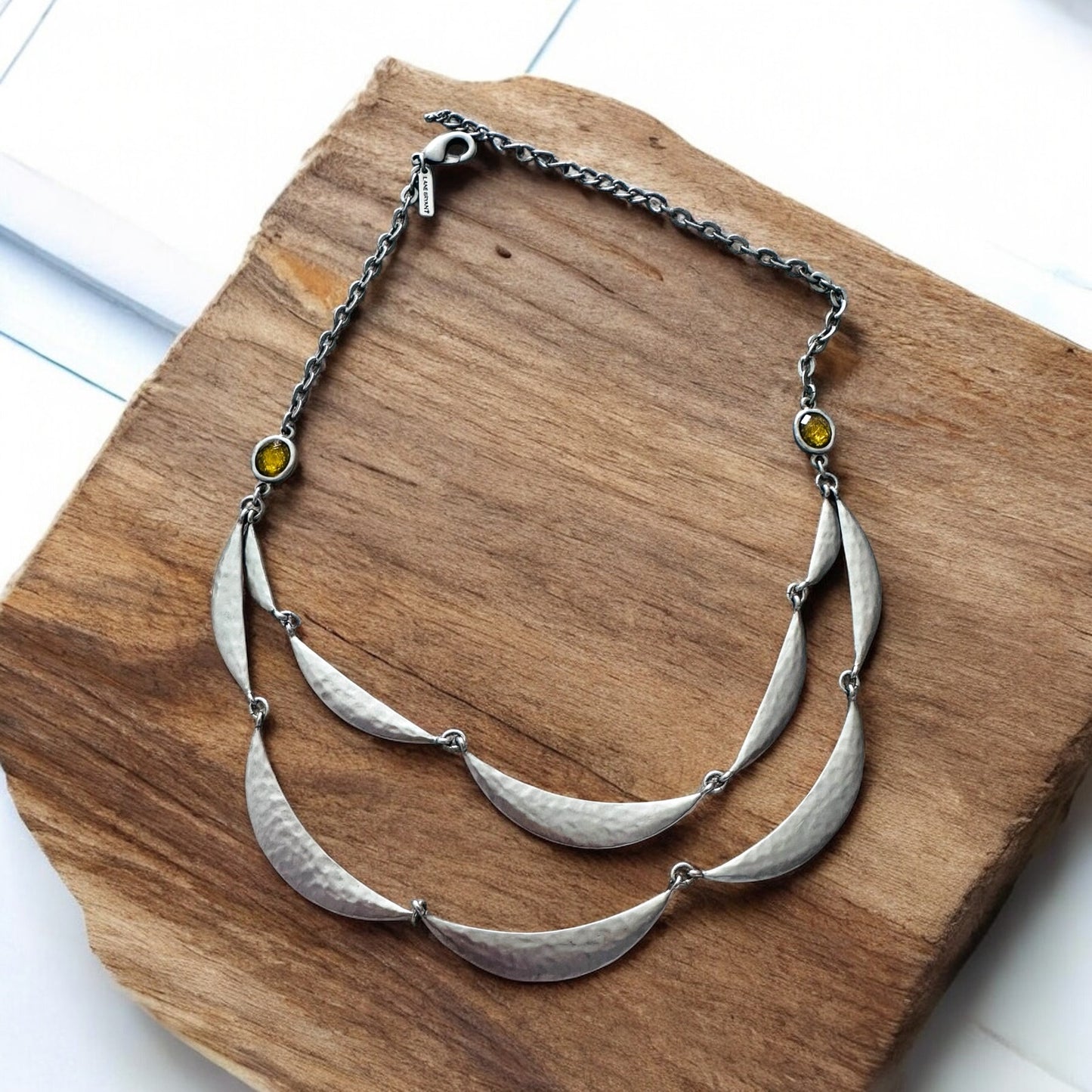 Lane Bryant Hammered Hammered Metal Double Strand Necklace/Yellow Glass Accents