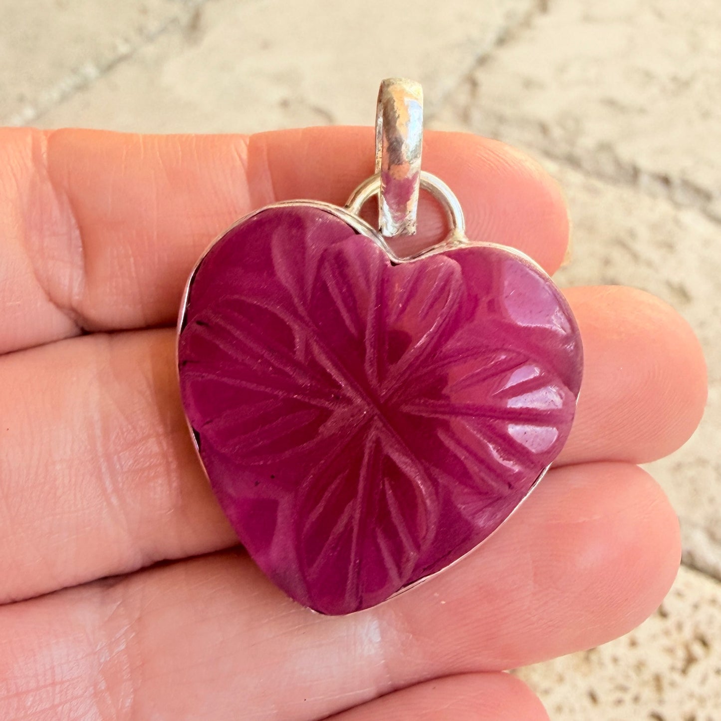 Carved Ruby Heart Clover Pendant 925 Silver Overlay