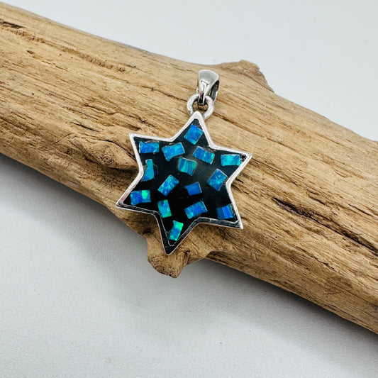 Sterling Silver Mosaic Lab Opal Star of David Pendant, Jewish Star