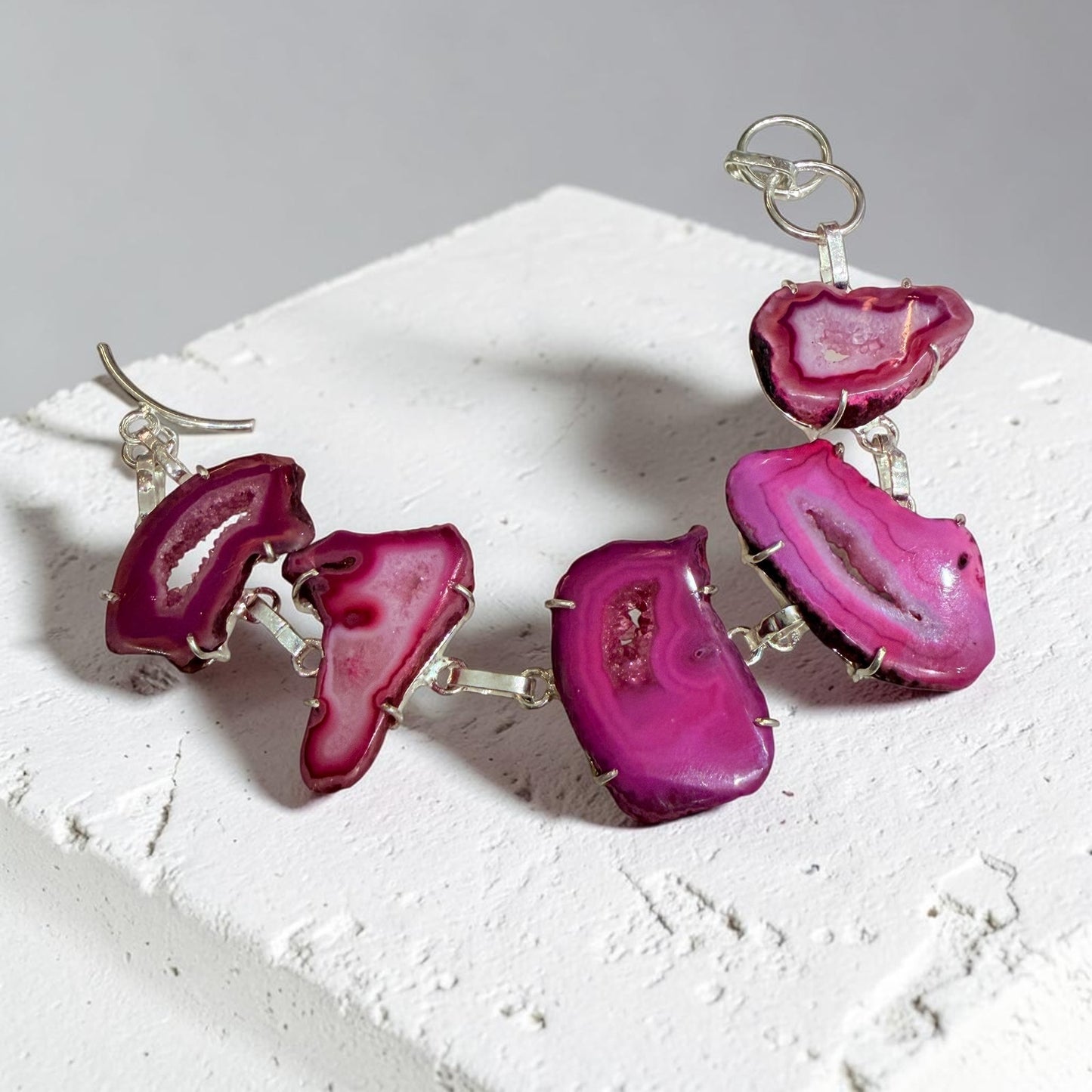 Pink Druzy Agate Slice Toggle Bracelet 925 Silver Plated