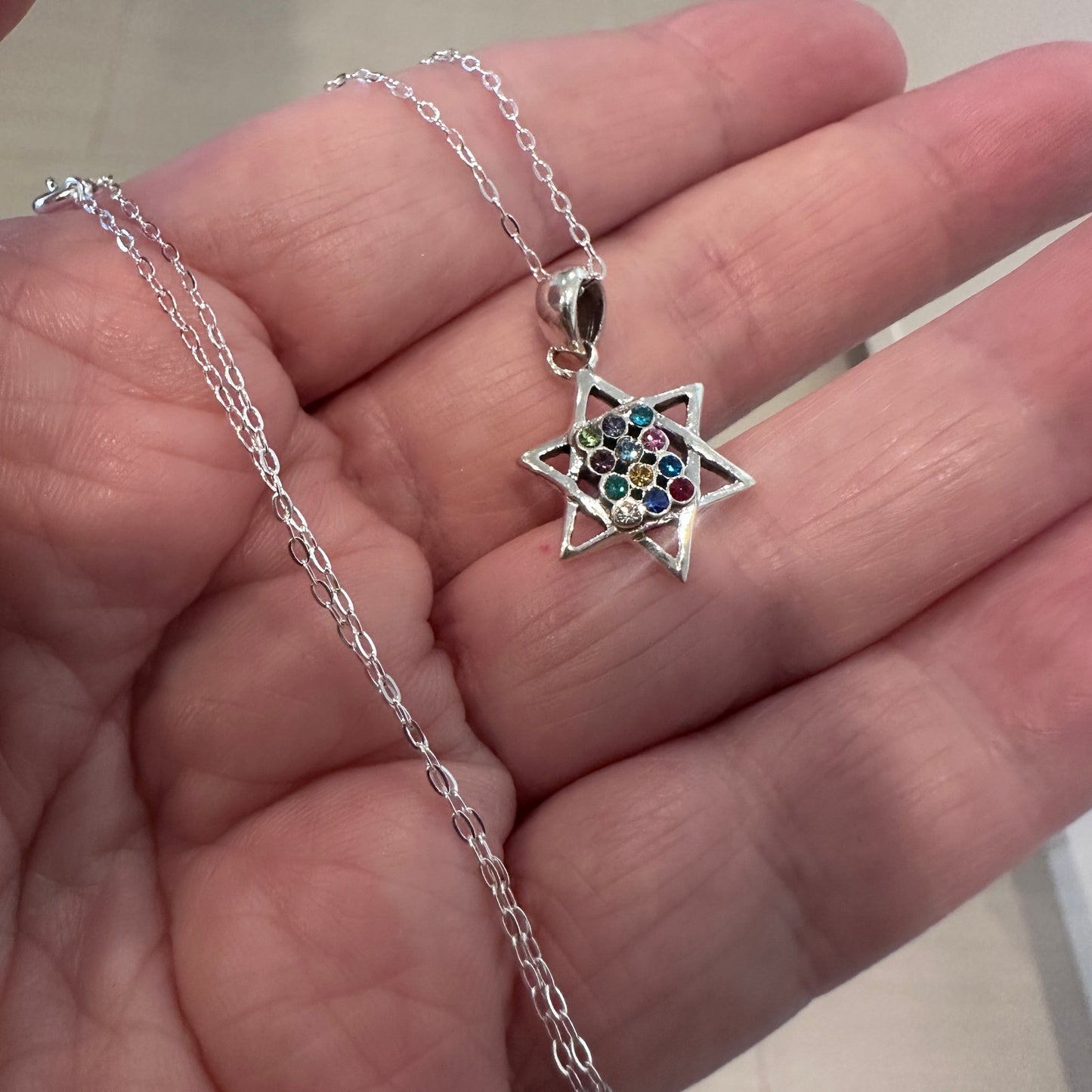 Sterling Silver Hoshen Star of David Multi-Colored CZ Necklace
