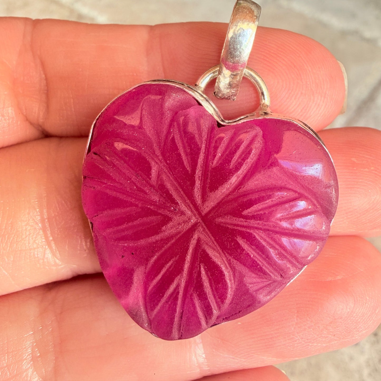 Carved Ruby Heart Clover Pendant 925 Silver Overlay