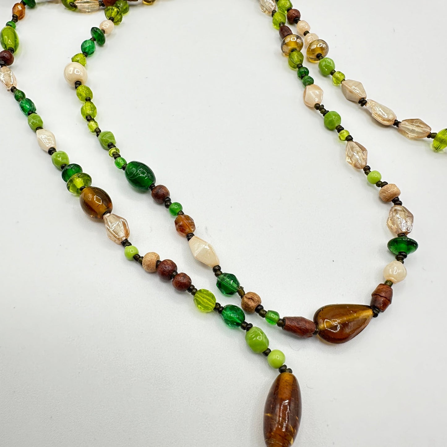 70s Vintage Multi Colored Glass & Wood Bead 60 inch Necklace