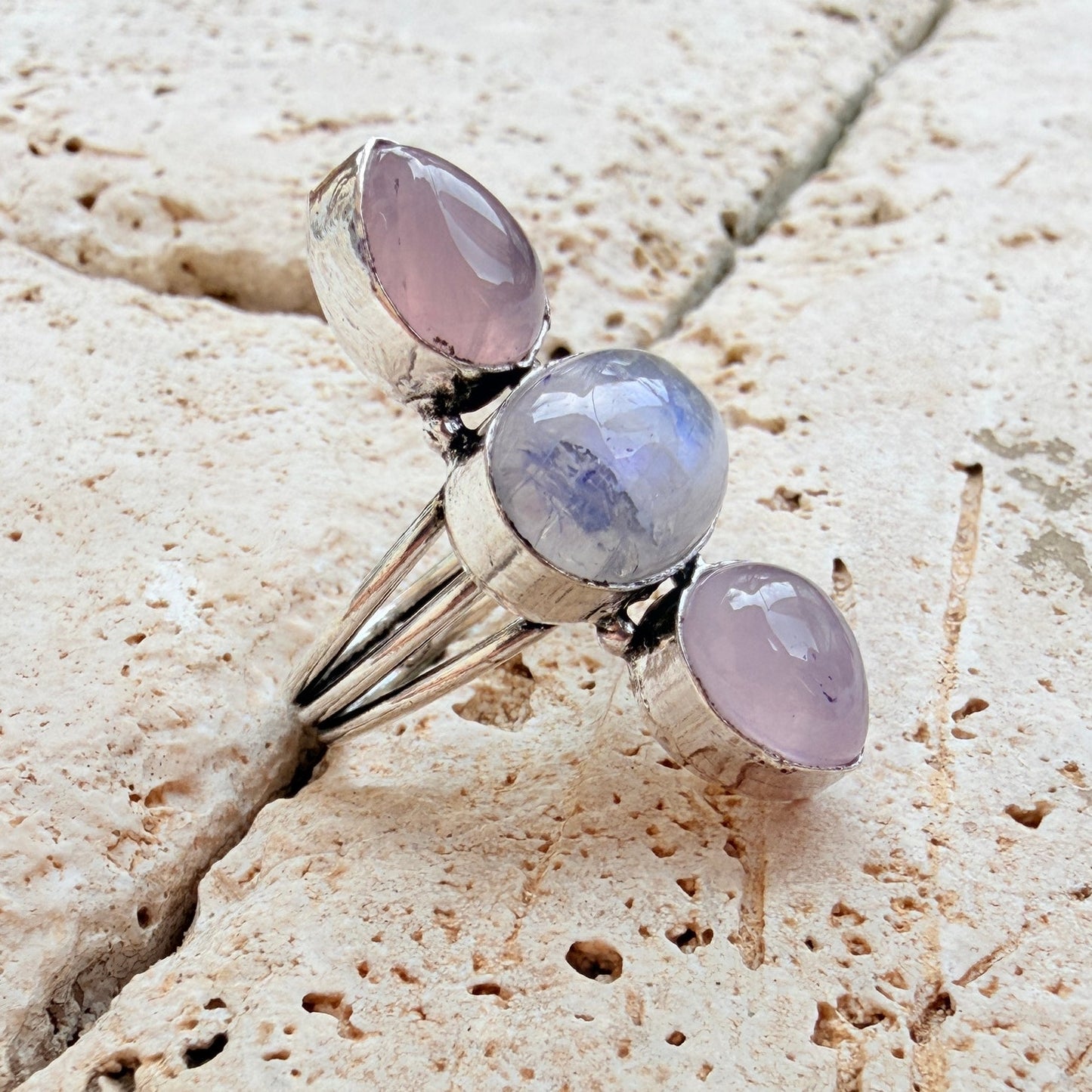 Rainbow Moonstone & Rose Quartz 925 Silver Overlay Ring Size 8