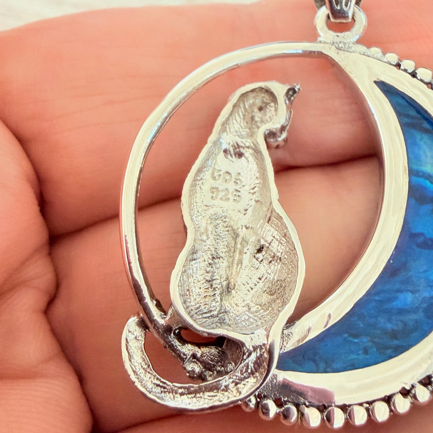 Cat in Crescent Moon Pendant 925 Sterling Silver Blue Shell Inlay