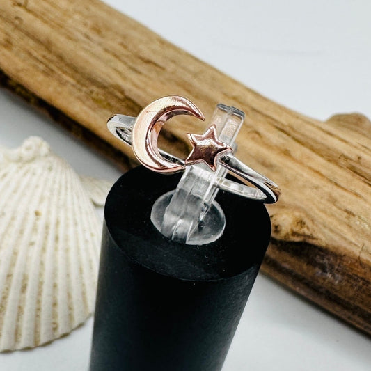 Sterling Silver Moon & Star Ring – Rose Gold & Rhodium Plated