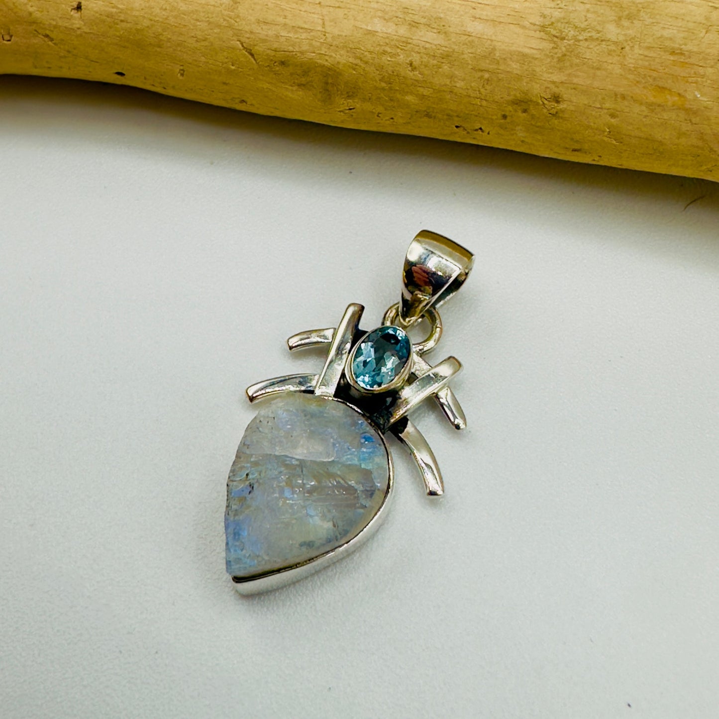 Sterling Silver Natural Rainbow Moonstone Rough & Blue Topaz Pendant