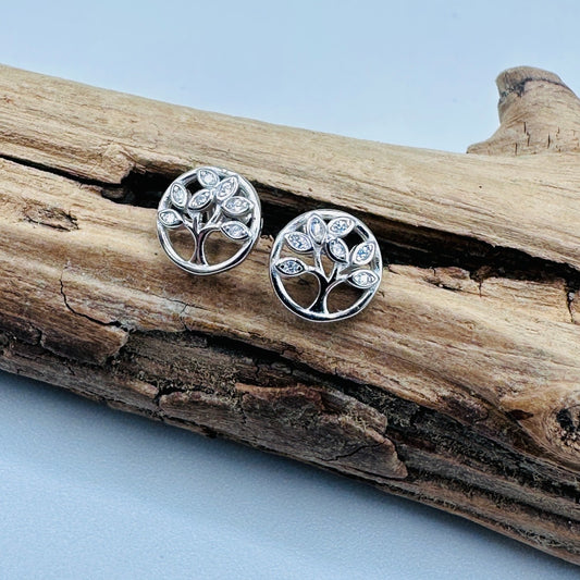 Tree Of Life Sterling Silver CZ Stud Earrings
