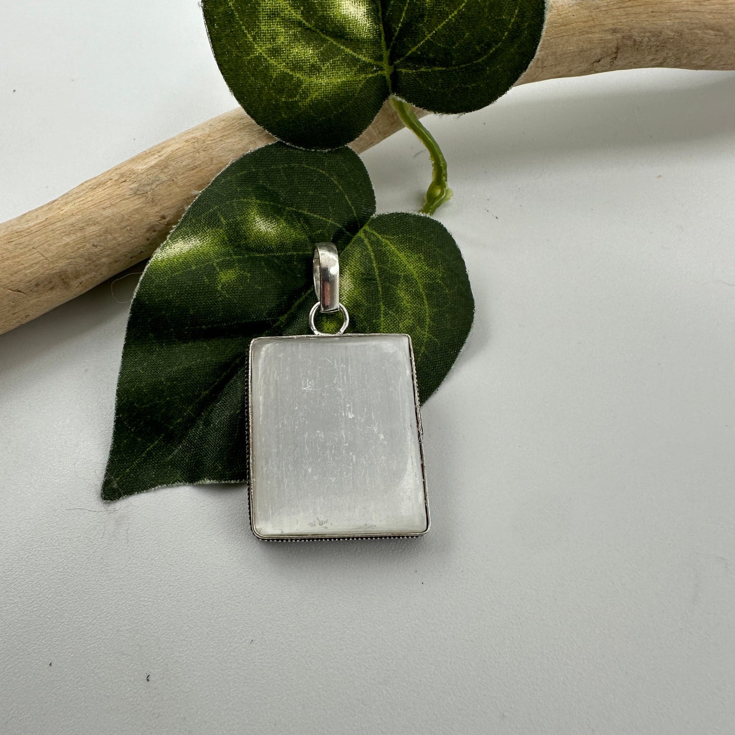 Natural Selenite Pendant 925 Sterling Silver Overlay