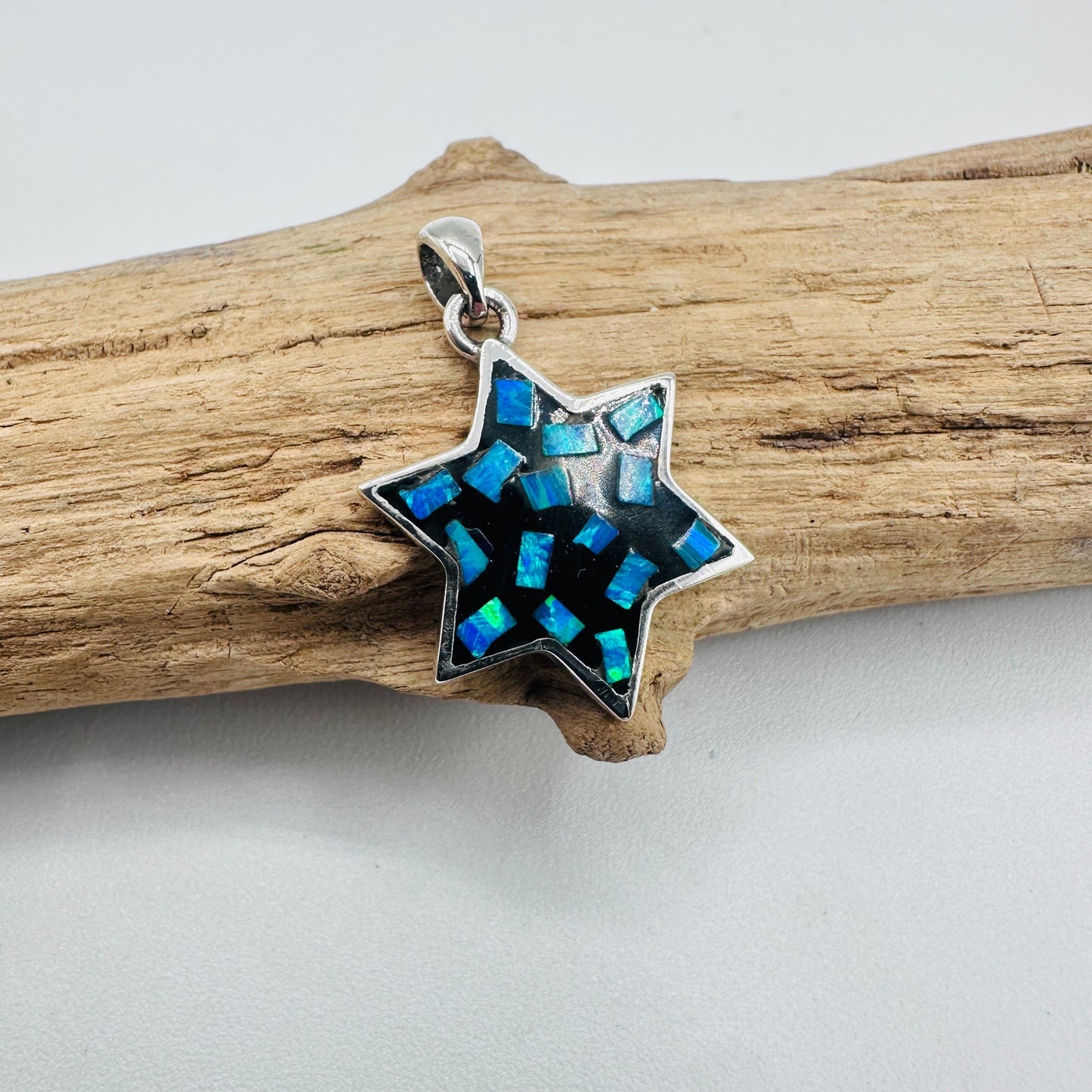 Sterling Silver Mosaic Lab Opal Star of David Pendant, Jewish Star