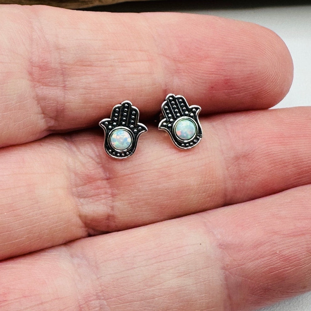 Hamsa Lab Opal Sterling Silver Stud Earrings