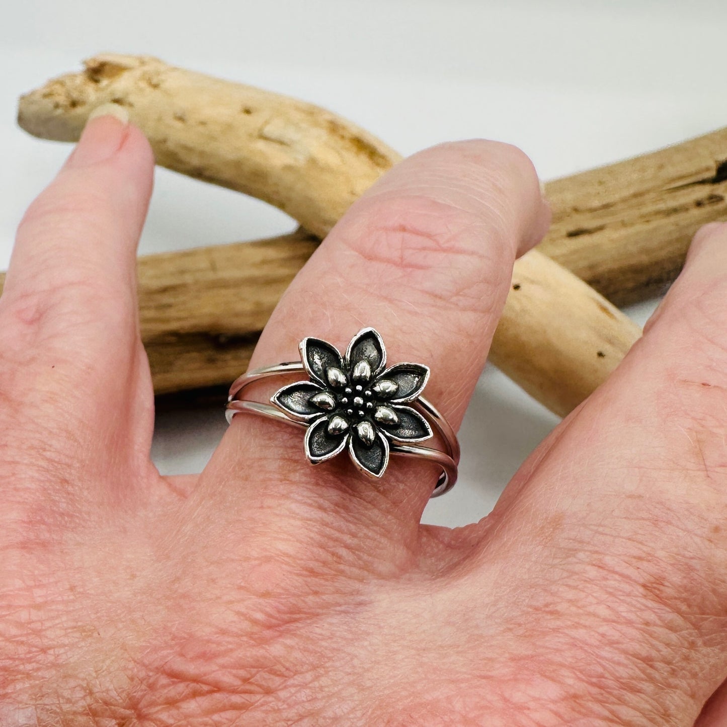 Sterling Silver Double Band Lotus Flower Ring