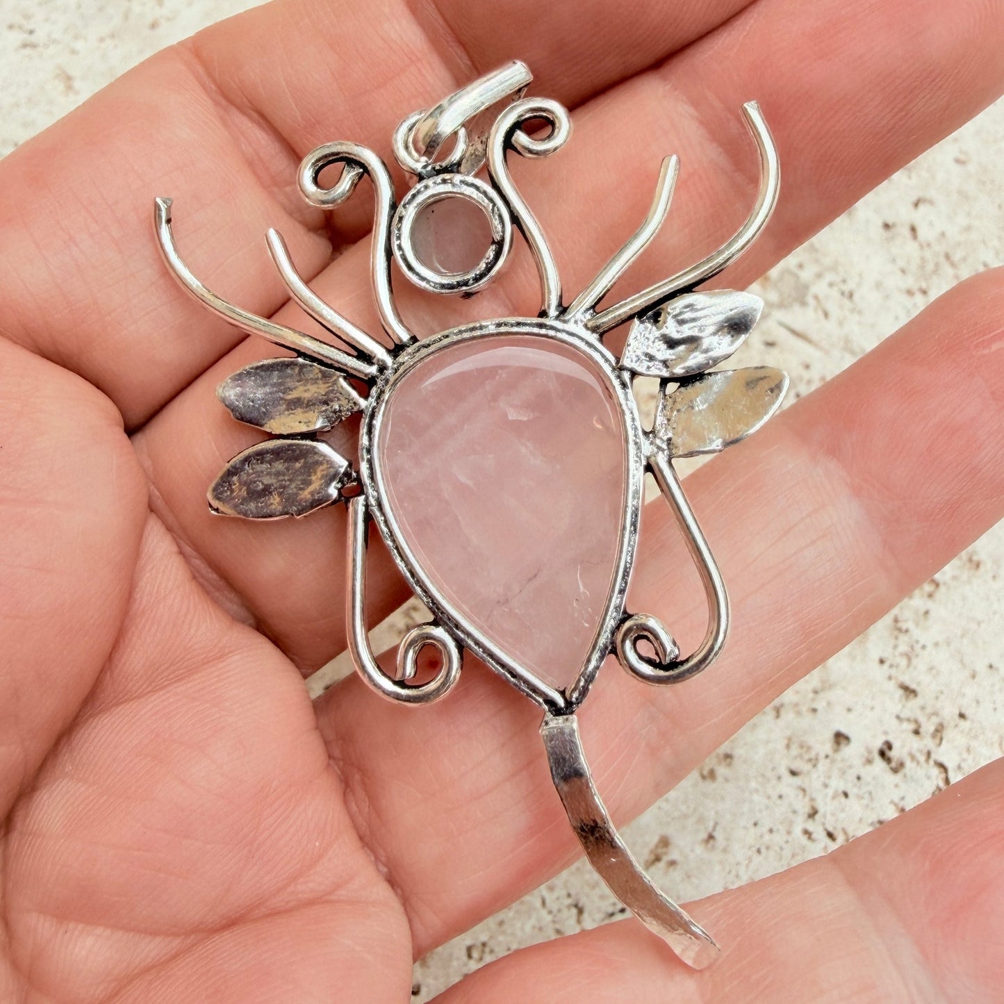 Rose Quartz Butterfly Pendant 925 Silver Overlay