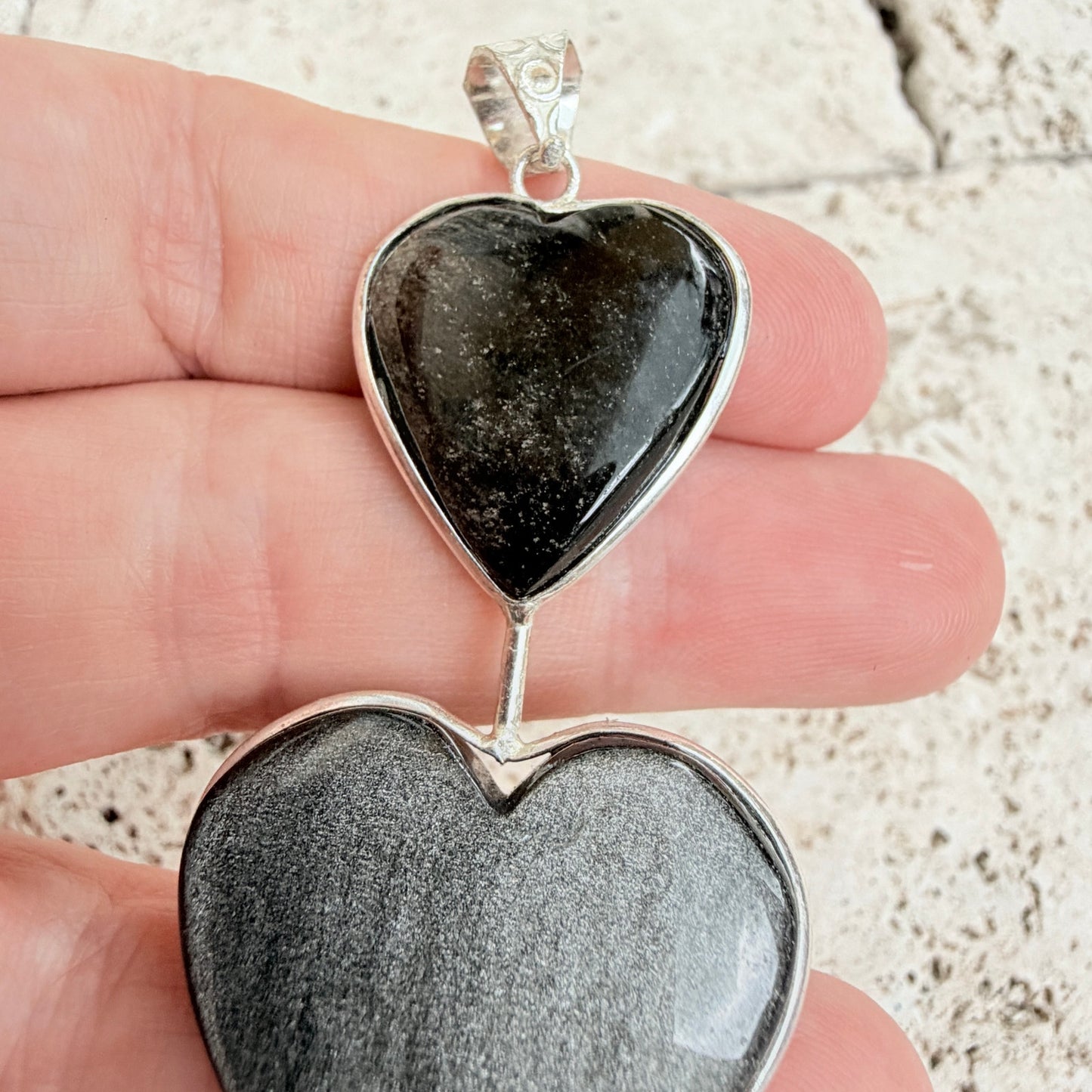 Silver Obsidian Double Heart Pendant 925 Silver Overlay