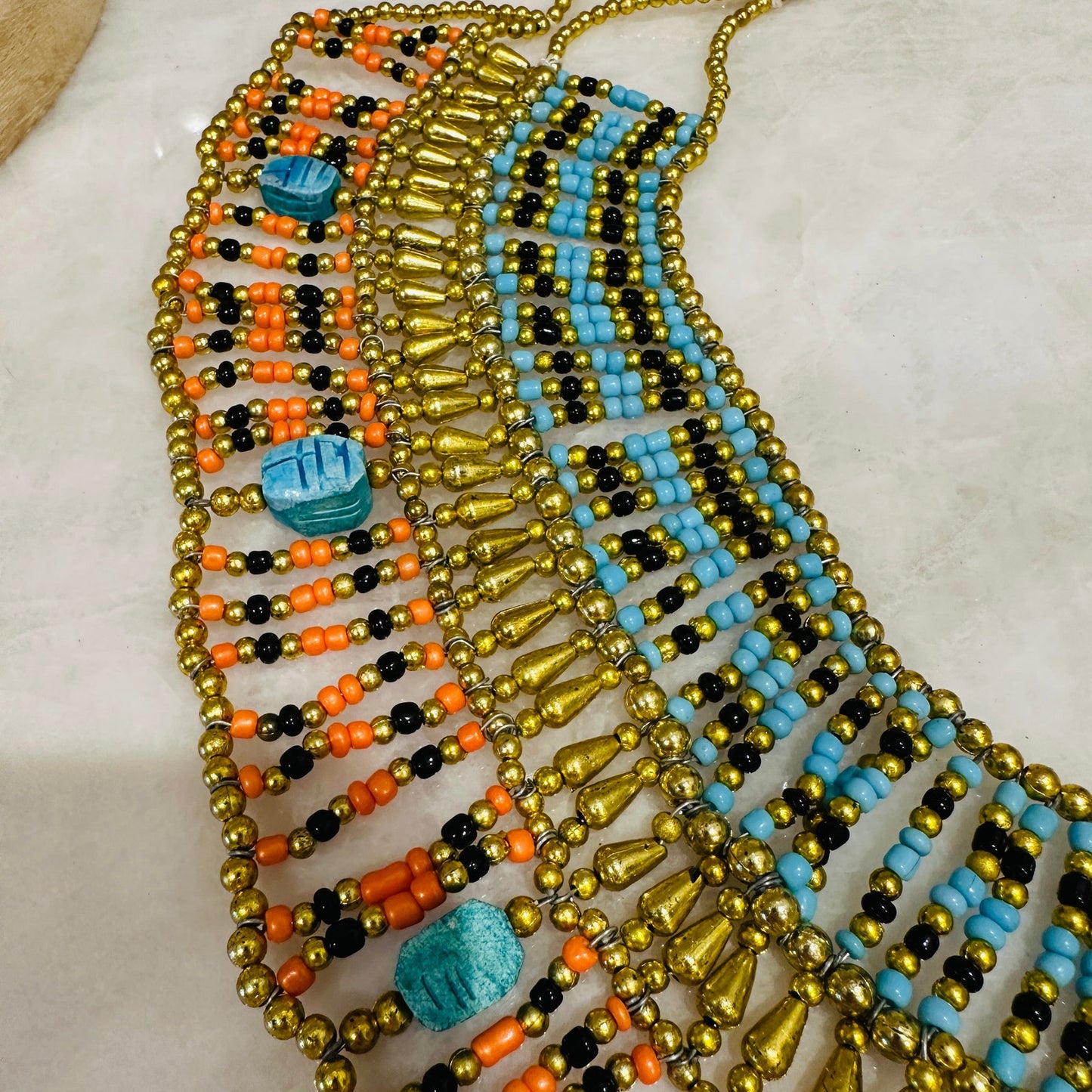 Egyptian Beaded Necklace Collar With Blue Scarabs, Cleopatra