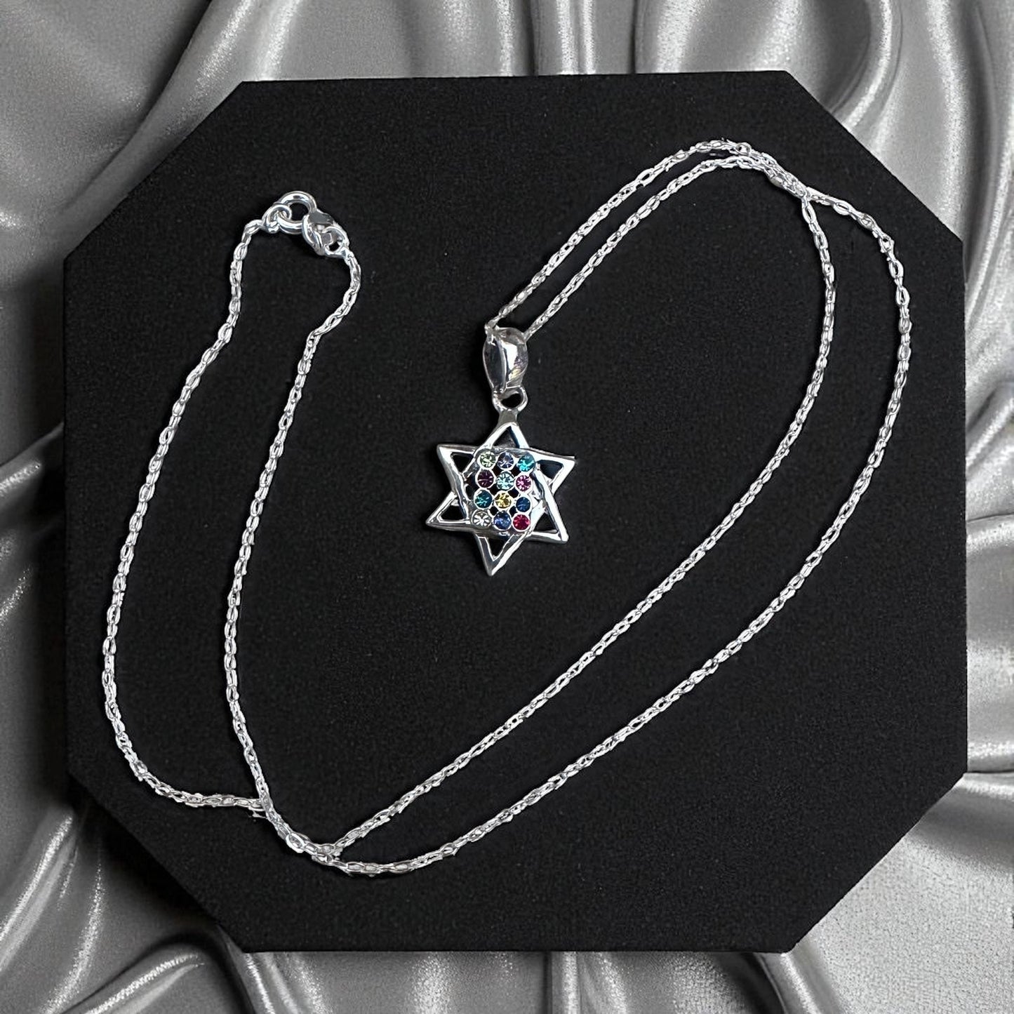 Sterling Silver Hoshen Star of David Multi-Colored CZ Necklace