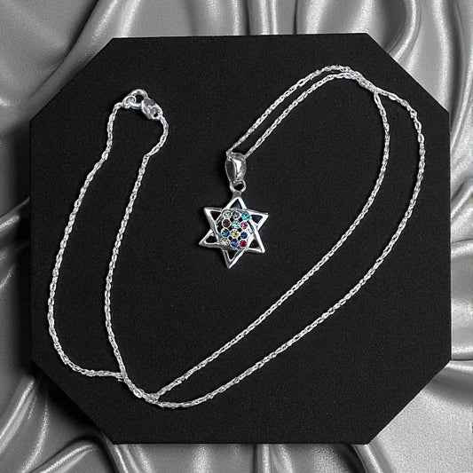 Sterling Silver Hoshen Star of David Multi-Colored CZ Necklace