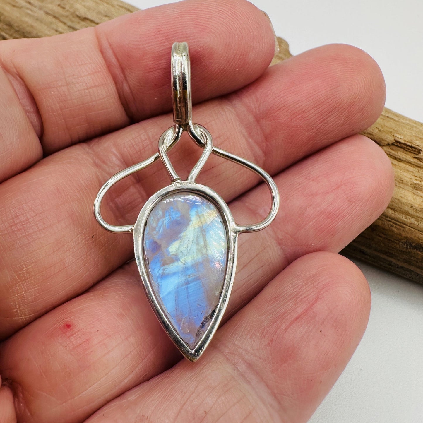 Natural Moonstone Sterling Silver Boho Pendant – 925 Stamped Teardrop Gemstone Jewelry