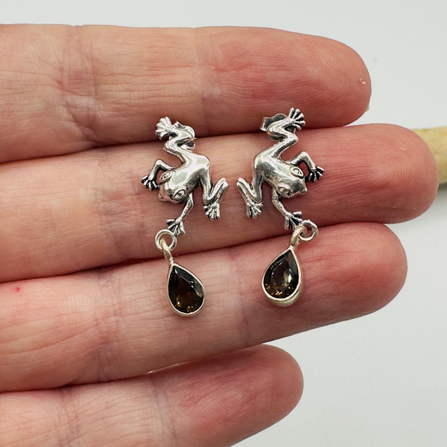 925 Sterling Silver Frog Smoky Topaz Earrings-Dangle Earrings