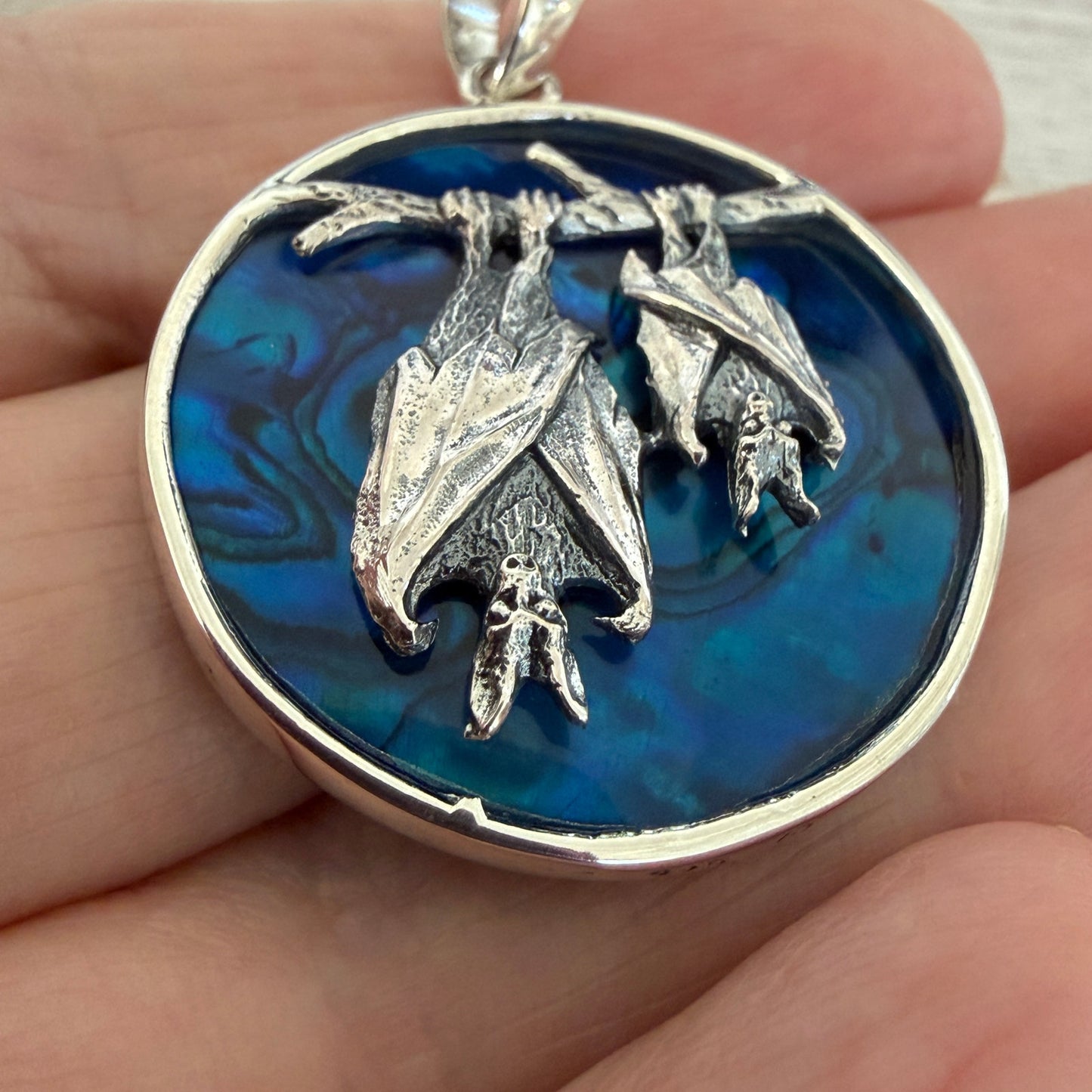 Sterling Silver Two Bats Medallion Pendant-Blue Abalone Shell