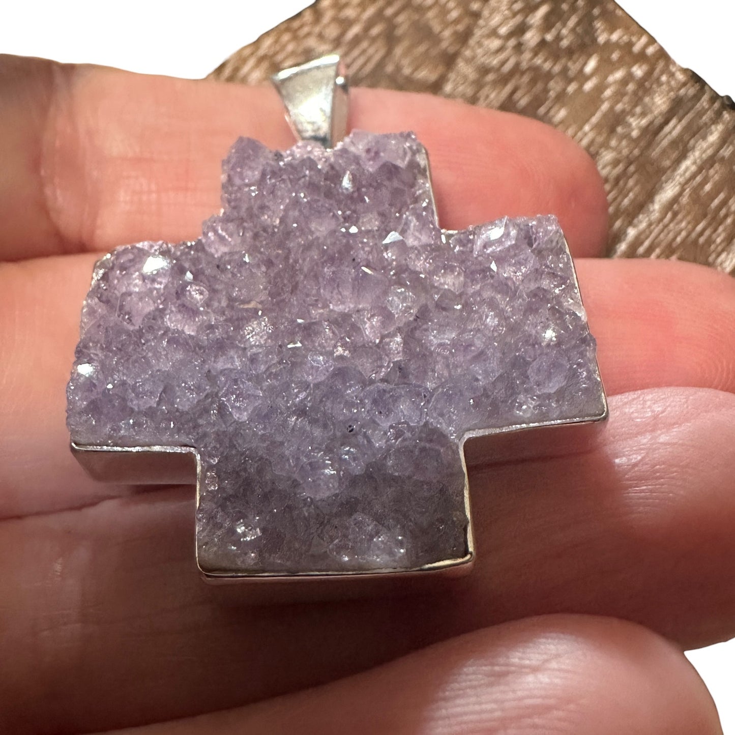 925 Sterling Silver Amethyst Druzy Cross Pendant