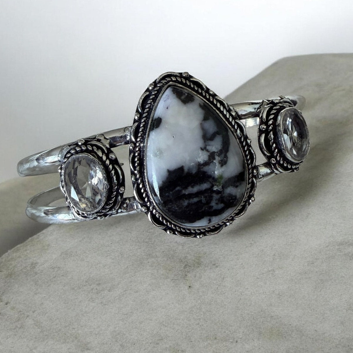 White Buffalo Turquoise White Topaz 925 Silver Overlay Cuff Bangle