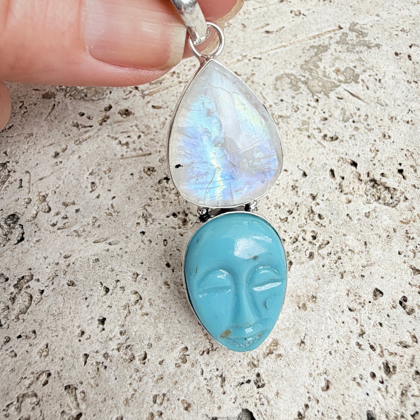 Rainbow Moonstone Moon Face Blue Agate Pendant 925 Overlay