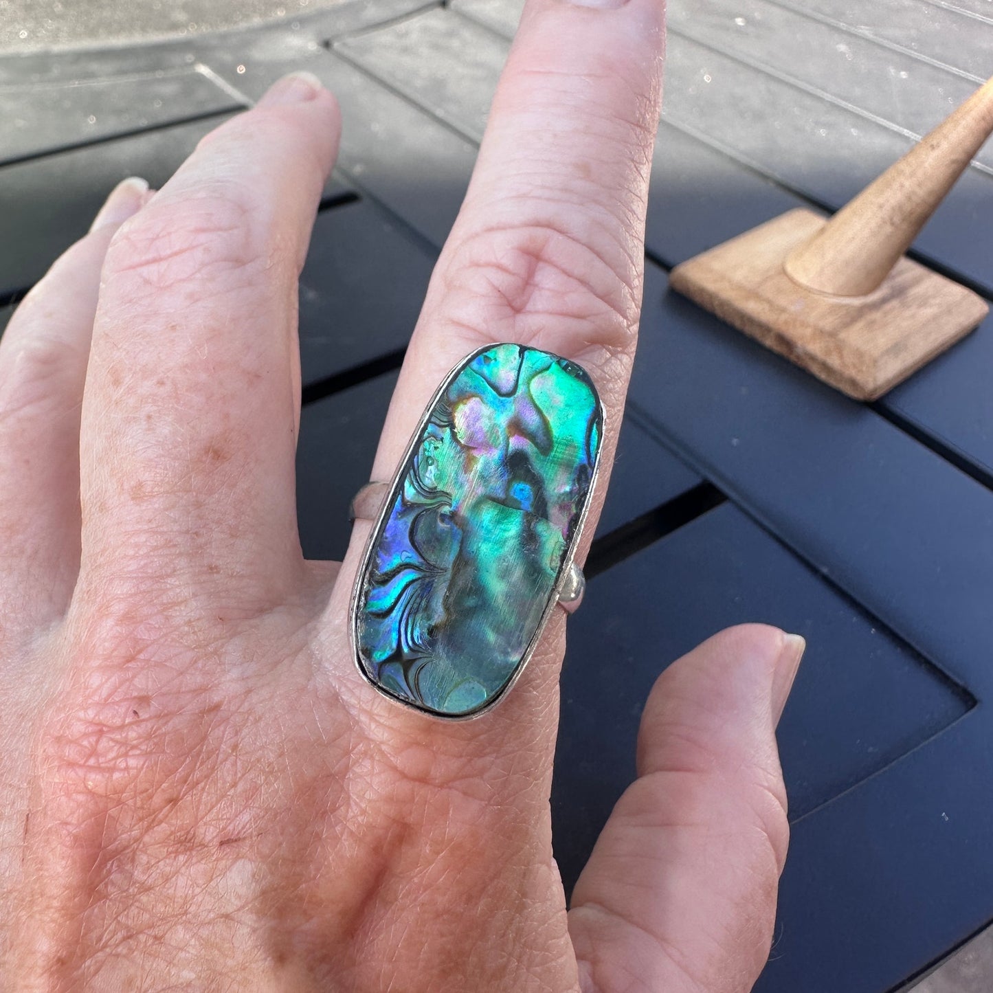 Abalone Shell Sterling Silver Plated Ring – Size 13 Statement Jewelry