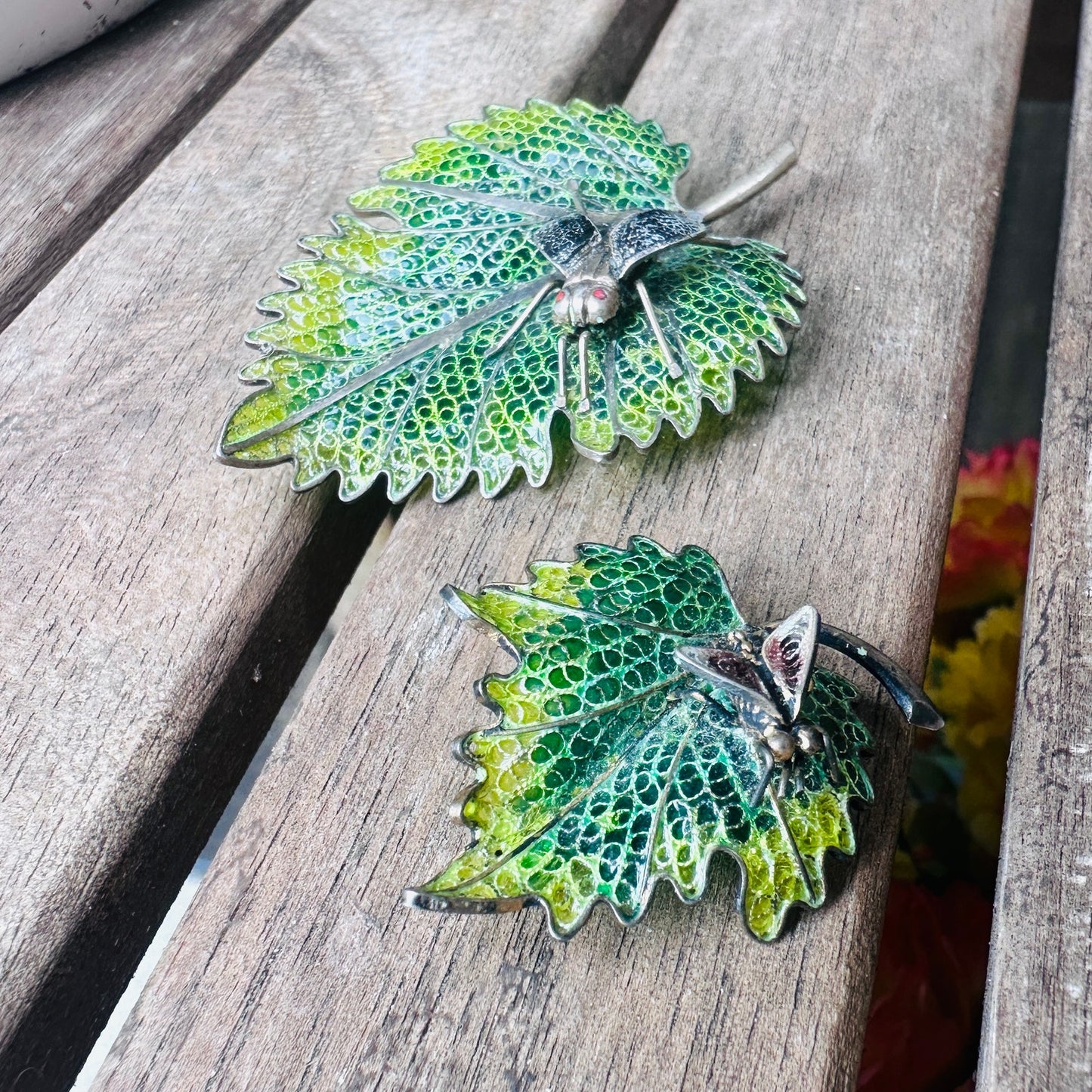 Vintage Plique a Jour Enamel 800 Silver Leaf Bug Brooch Large