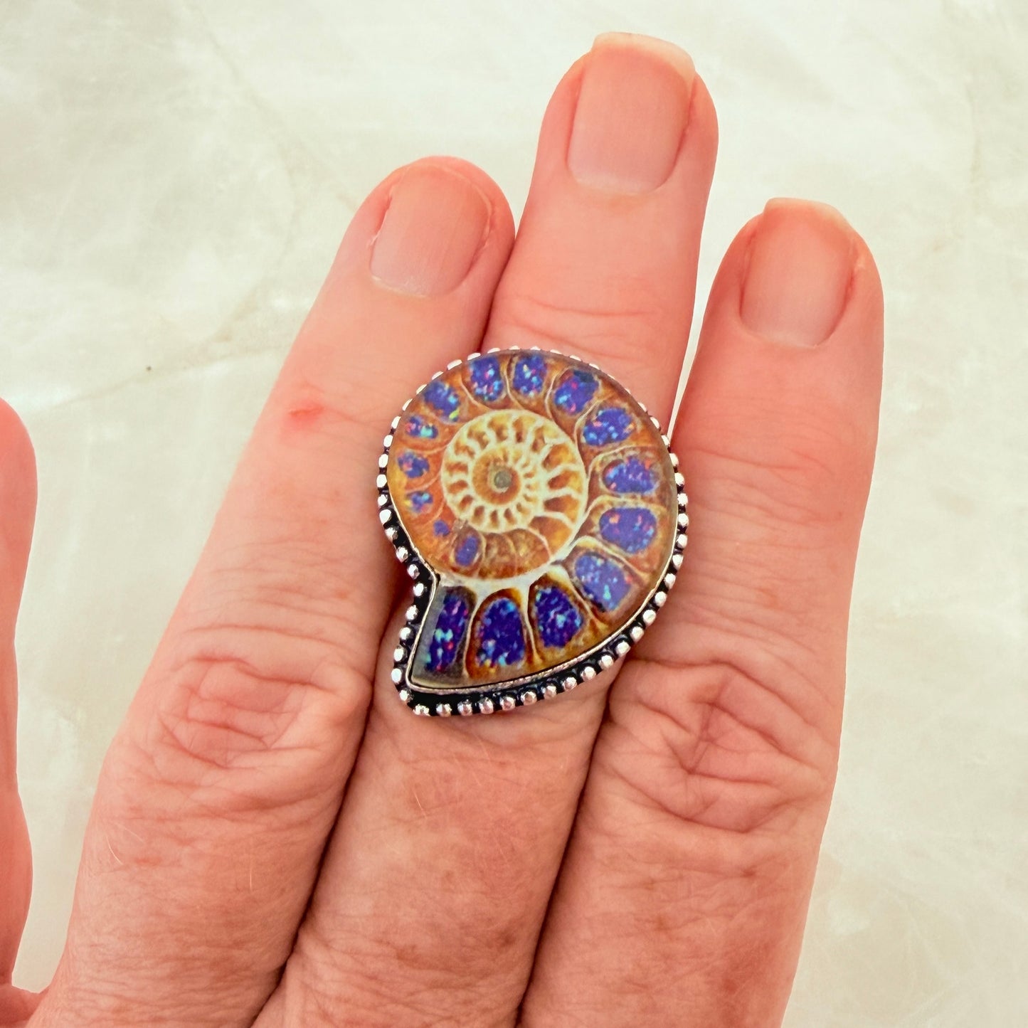 Ammonite Style Dichroic Glass Ring 925 Silver Overlay