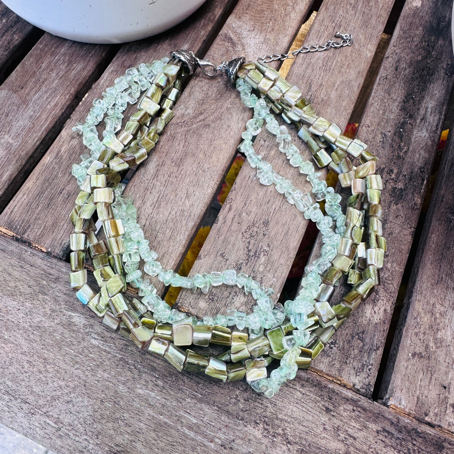 Chunky Green Gemstone & Mother of Pearl Multi-Strand Twisted Necklace