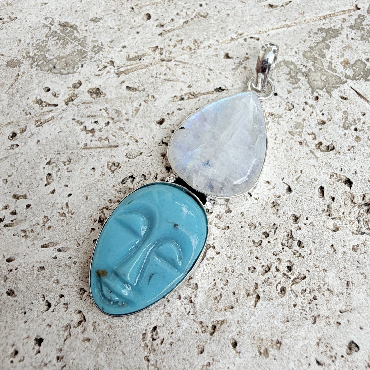 Rainbow Moonstone Moon Face Blue Agate Pendant 925 Overlay