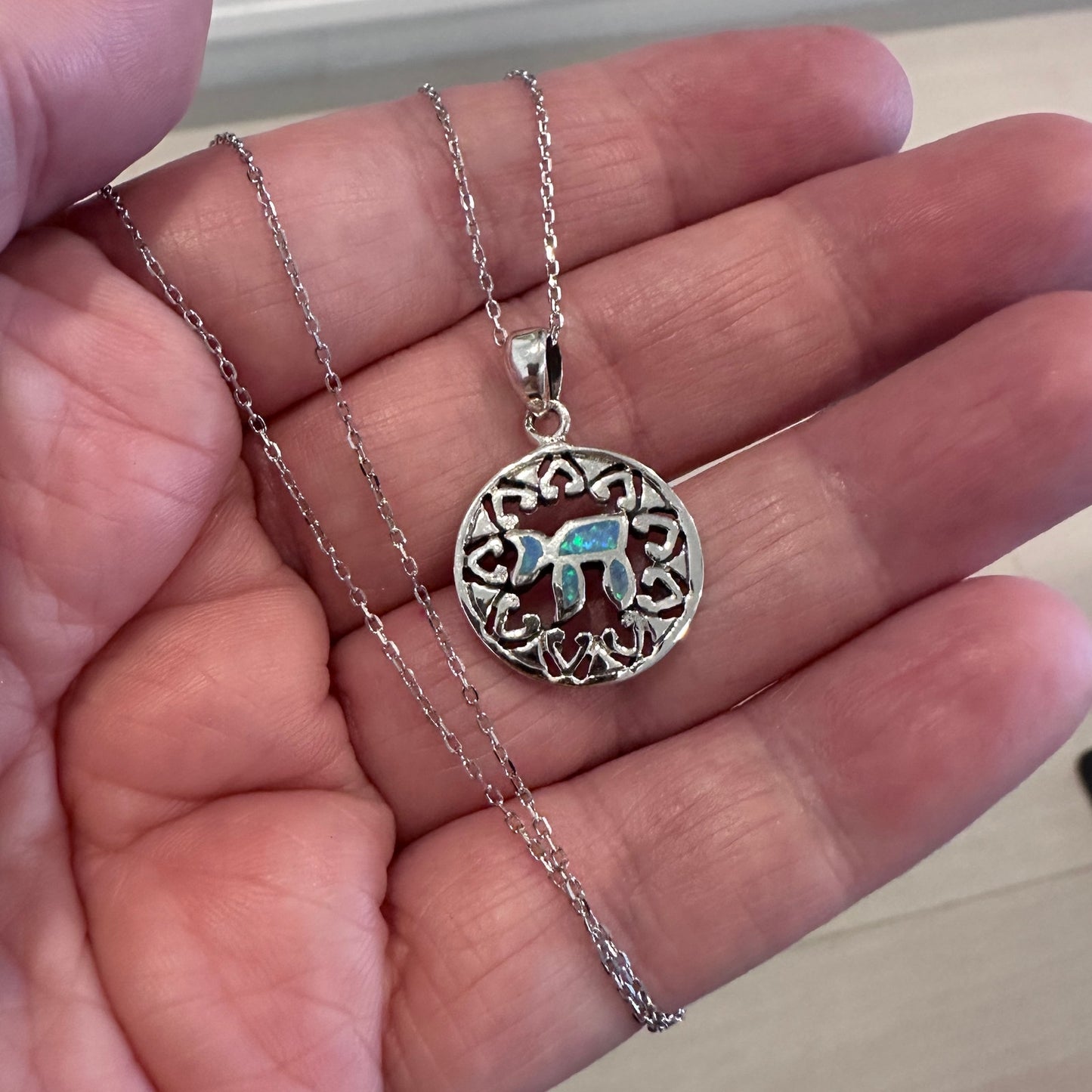 Sterling Silver Chai Pendant Necklace with Opal Inlay and Filigree Design