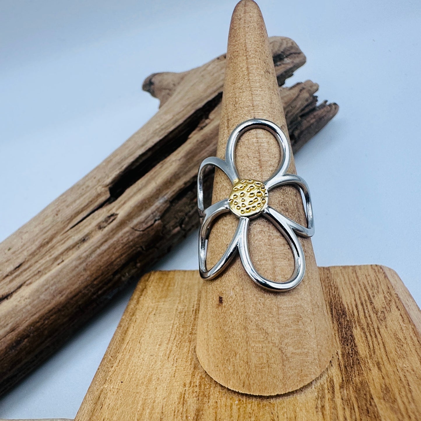 Silver & Gold Flower Statement Ring- Stainless Steel 18K