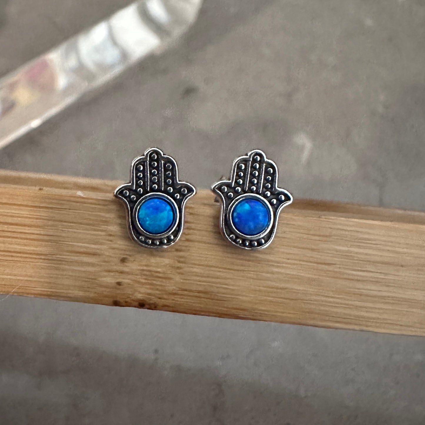 Blue Lab Opal Sterling Silver Hamsa Earrings